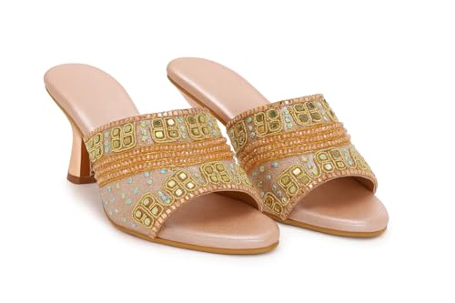 Shoetopia Women’s Rose-Gold Embellished Block Heel Sandals | Slip-On Party & Wedding Heels with Beaded Strap luxury footwear EU41