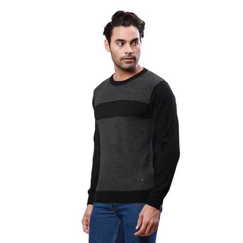 Raymond Men's Regular Fit Acrylic Wool Blend Full Sleeve Round Neck Jacquard Pattern Black Casual Sweater (Size: 2XL)-RMWX01235-K8