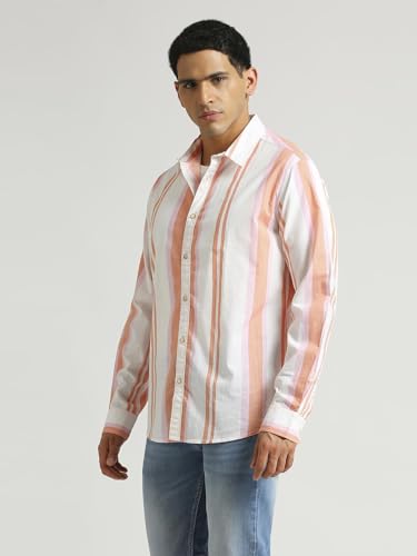 Pepe Jeans Men's Striped Regular Fit Shirt (Peach Orange) - SaumyasStore