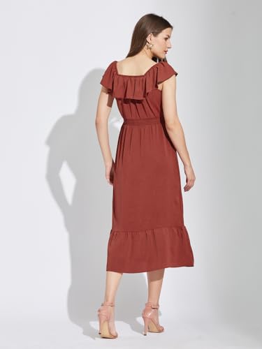 Latin Quarters Women Rust Square Neck Cap Sleeves Solid Below Knee A-Line Dress for Casual Wear_M