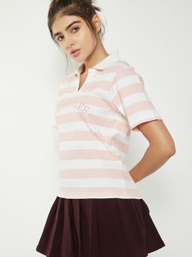 Max Women Striped Johnny Collar Sports T-Shirt (Pink_S)
