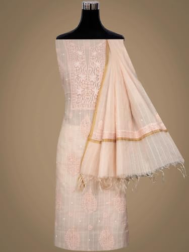 Ada Hand Embroidered Lucknowi Chikankari Unstitched Chanderi Dress Material Suit Piece with Dupatta for Women with Pearl Work 01A938020 Peach