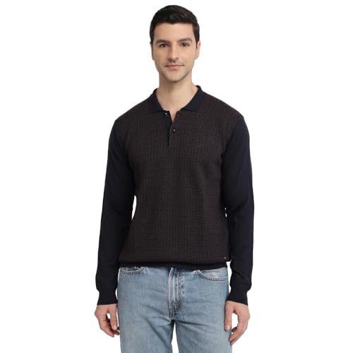 Raymond Men Contemporary Fit Structure Pattern Merino Wool Acrylic Blend Polo Neck Full Sleeve Casual Sweater Blue