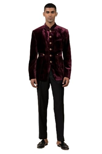 TASVA Wine Velvet Bandhgala With Top Stitch Detailing| Size: L