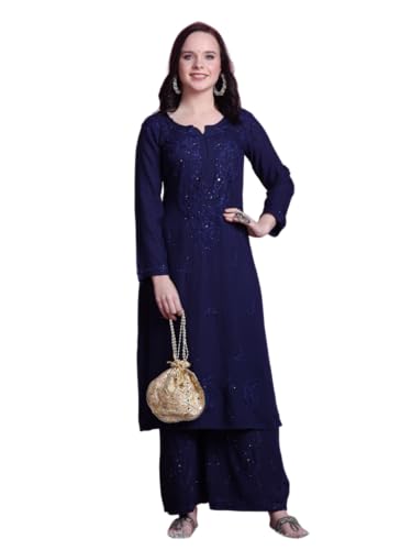 Fashion Chikan Art Women's Lucknowi Rayon Mukaish Chikankari Straight Kurti And Palazzo Set (IN, Alpha, 2XL, Regular, Navy Blue)