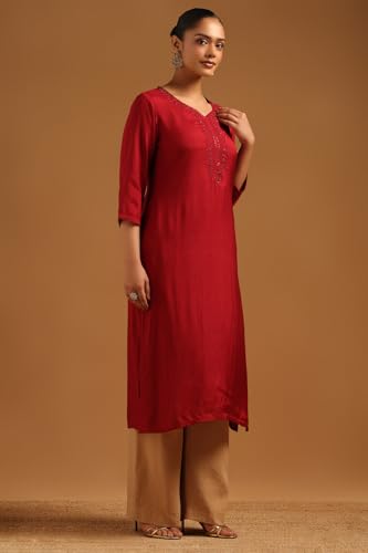 Soch Womens Maroon Muslin Embroidered Kurta with Machine Embroidery and Bead Details