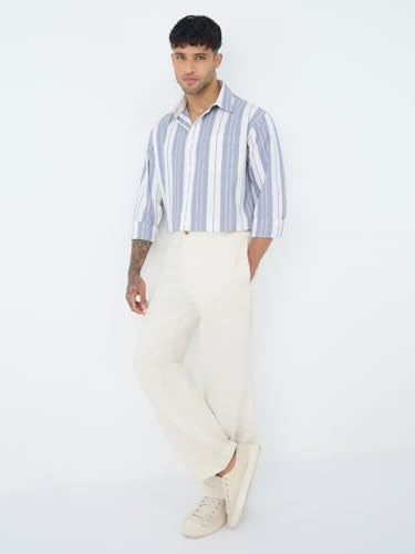The Souled Store Stripe Shirt: Clash Men and Boys Long Sleeve Spread Collar Light Blue Striped Casual Everyday Office Wear Ligthweight Cotton Relaxed Shirt