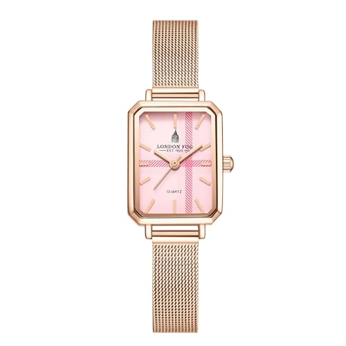 London Fog Victoria Collection Analog Quartz Watch for Women with Pink Textured Dial and Rose Gold Mesh Strap, Rectangular Metal Case and Mineral Glass - LFW20006-44