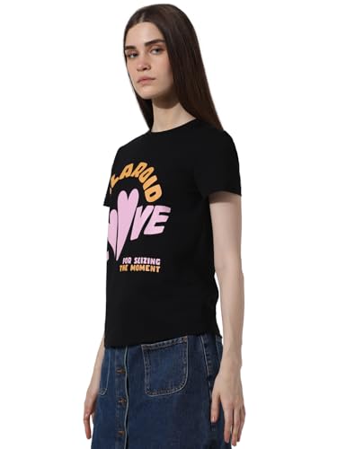 ONLY Women Printed Cotton Black T-Shirt