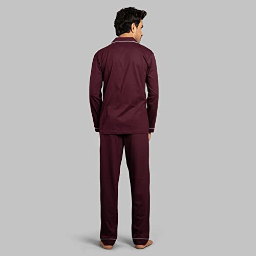 NITE FLITE Sangria Wine Mens Cotton Nightwear Full Sleeve | Top and Pyjama Set (Sangria Wine, XL)
