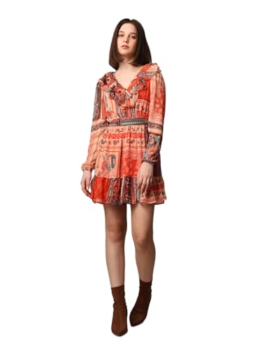 ONLY Women Paisley Printed Casual Orange Fit and Flare Dress