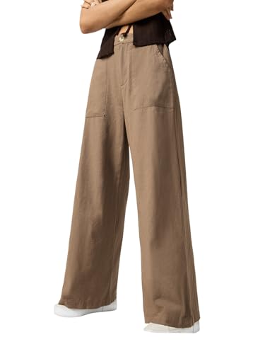 The Souled Store Cotton Linen Pants: Khaki Women and Girls Solid Cotton Linen Blend Wide Leg Mid Rise Four Pocket Lightweight Easy to Style Everyday Office Wear Pants