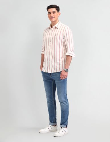 U.S. POLO ASSN. DENIM CO. Vertical Striped Slim Fit Cotton Shirt (UDSHT1388_Rust_40)