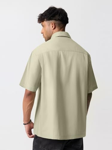 The Souled Store Oversized Shirt: Neptune Men and Boys Short Sleeve Spread Collar Light Green Solid Cotton Lightweight Drop Shoulder Streetwear Trendy Casual Oversized Shirt