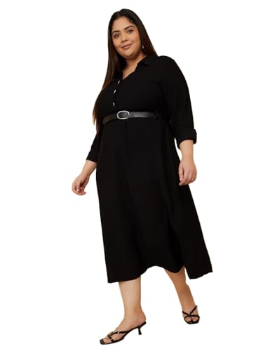 Max Women Solid Shirt Dress with Belt(Black_3XL)