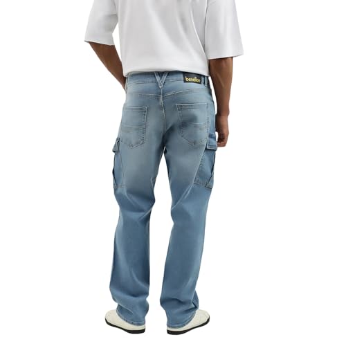 United Colors of Benetton Solid Comfort Fit Ice Wash Cargo Jeans (Size: 40)-25A4MBOO5024I901