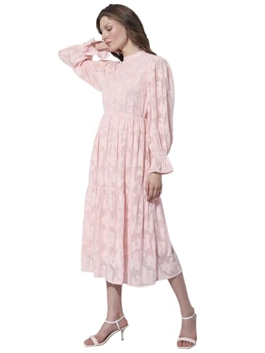VERO MODA Women Self Design Pink Polyester Midi Length A-Line Dress