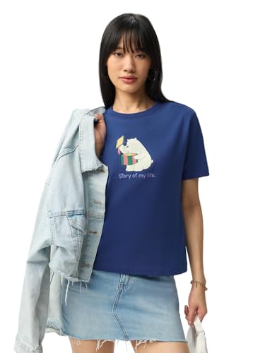 The Souled Store We Bare Bears: Story of My Life Women and Girls Short Sleeves Round Neck Blue Graphic Printed Cotton Relaxed Fit Lightweight Everyday Streetwear T-Shirt