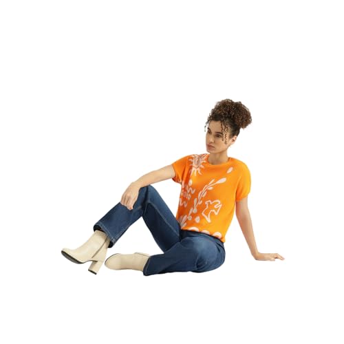 United Colors of Benetton Round Neck Textured Top (Size: M) - 26P1039W1267I0F4 Orange
