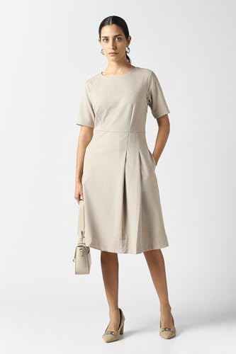 Women Beige Print Knee Length Formal Dress