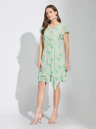 Latin Quarters Women Green V-Neck Half Sleeves Printed Above Knee A-Line Dress for Casual Wear_S