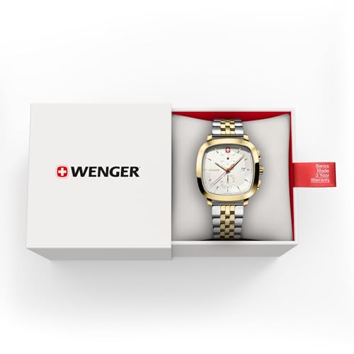 WENGER Vintage Classic Chrono | Swiss-Made Men's Chronograph Wrist Watch | Squircle Case, Quartz, White Dial, 40mm, 50M Water Resistant | Multi-Colour Strap | 01.1933.107