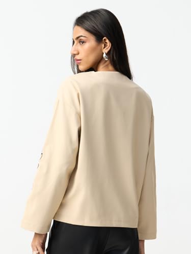 The Souled Store Tie-Up Shirt: Sandy Bloom Women and Girls Full Sleeves V Neck Beige Floral Embroidered Polyester Oversized Fit Lightweight All-Season Tie-Up Shirt