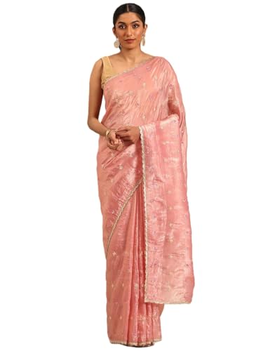 Panzora Women's Pink Tissue Gold Crush Embroiderd Saree With Unstitched Blouse Piece