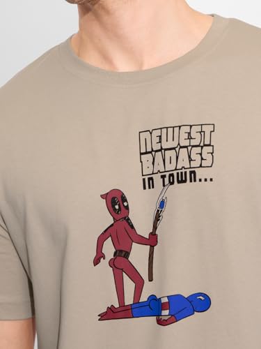 The Souled Store Official Deadpool: Newest Badass Men and Boys Short Sleeves Round Neck Brown Graphic Printed Regular Fit Cotton T-Shirts