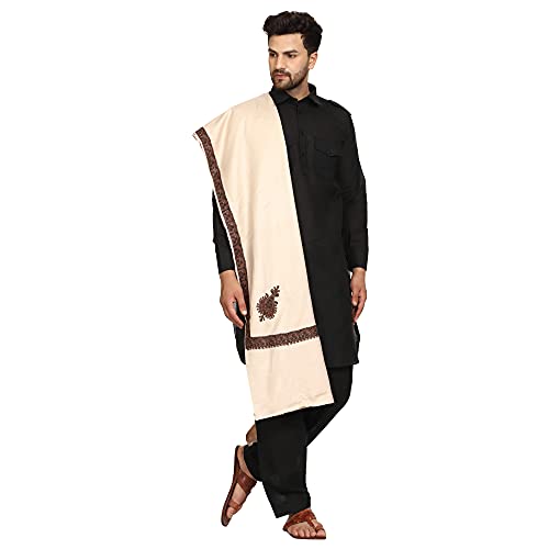 SWI WITH LABEL Men's Kashmiri Embroidered Wool Shawl (GC113_Beige_Free Size)