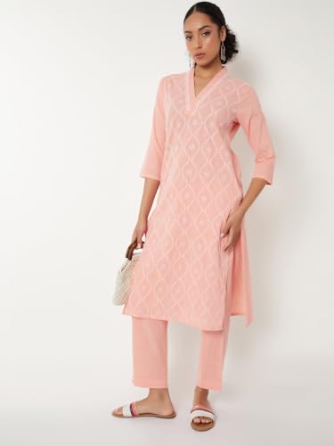 Max Women Embroidered Straight Kurta Set (Pink_L)