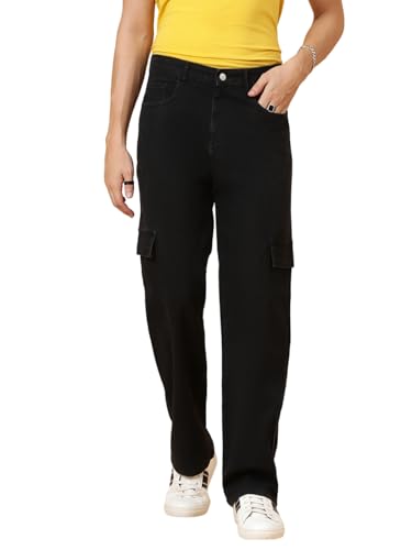 KOTTY Men's Solid Mid Rise Straight Fit Stylish Looking Cargo Jeans(Black,30)