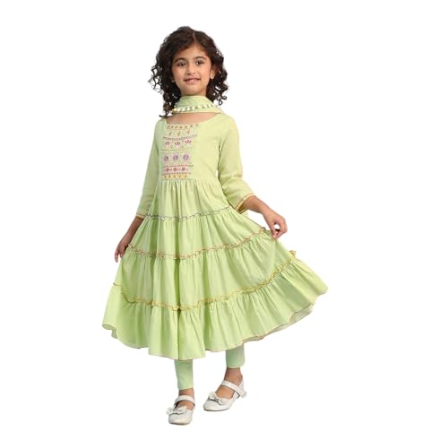 BIBA Girls Pastel Green Tiered Cotton Solid Kurta suit set