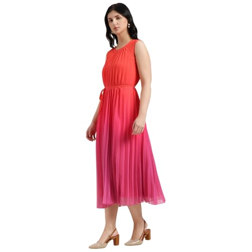 United Colors of Benetton Regular Fit Round Neck Ombre Pleated Dress (Size : L) - 26P4WVNDR328I901 Red