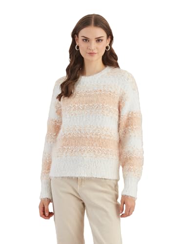 Latin Quarters Women's White Full Sleeves Round Neck Knitted Casual Regular Sweater_M