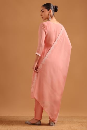 Soch Womens Peach Mul Chanderi Embroidered Botanical Chikankari Embroidery Salwar Suit