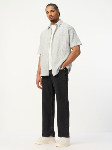 The Souled Store: Linear Men and Boys Short Sleeve Spread Collar Light Grey Textured Polyester Blend Lightweight Everyday Office Wear Drop Shoulder Streetwear Casual Oversized Shirt