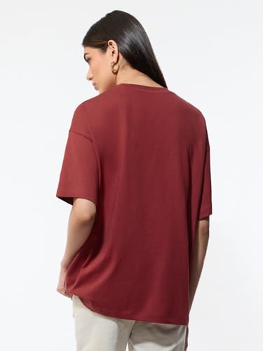 The Souled Store Fabulous Women and Girls Short Sleeves Round Neck Maroon Graphic Printed Cotton Oversized Breathable Lightweight Oversized T-Shirt
