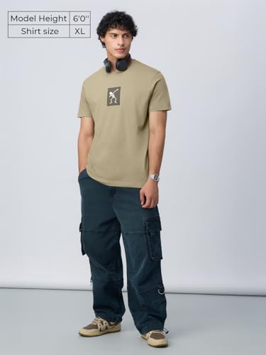 The Souled Store: The Dab Men and Boys Short Sleeves Round Neck Beige Embellished Relaxed Fit Lightweight All-Season Casual Cotton T-Shirt