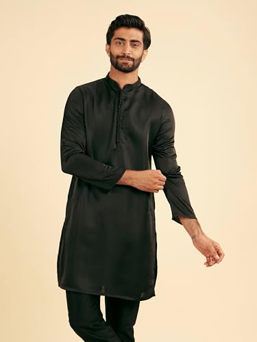 Manyavar Men's Satin Solid Kurta Pyjama Set (Black,XXXL)
