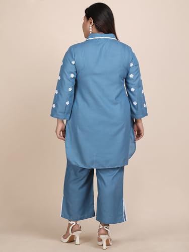 Bani Women Plus Size Blue Embroidered Co-ord Set with Collared Neck and Side Slit Pants | 2 Pec Out Fit Dress | Outerwear Dress