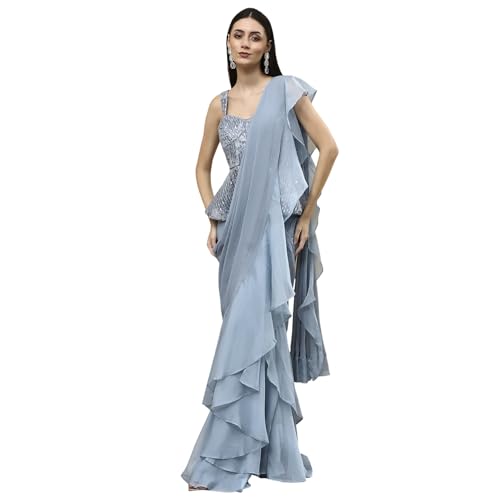 Biba Women Ice Blue Peplum Pre-Draped Saree_36