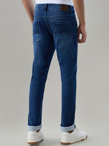 Park Avenue Men Slim Fit Solid Pattern Cotton Blend Flat Front Casual Jeans Blue