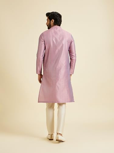 Manyavar Men's Art Silk Textured Neckline Embroidered Kurta Pyjama Set(Pink,M)