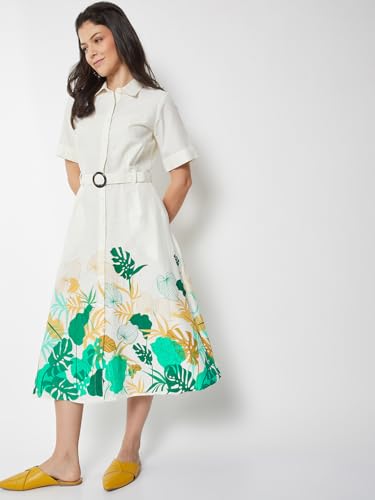 Max Women Printed Belted Shirt Dress (Off White_M)