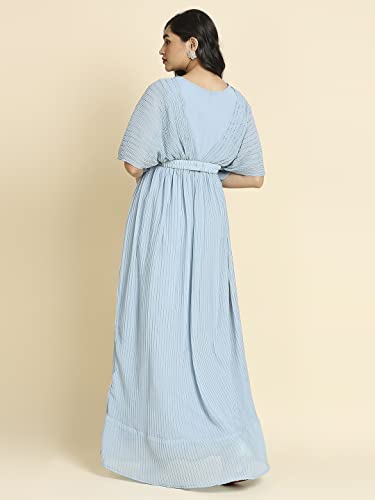 madhuram Women's Long Gown for Solid Georgette with Heavy Embroidery and Hand Work with Belt(2408) (in, Alpha, 4XL, Regular, 1) Sky Blue