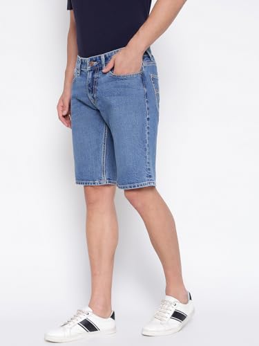 GUESS Sonny Blue Solid Mid Rise Regular Fit Denim Shorts