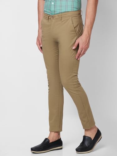Giordano Mens Solid Cotton Mid Rise Button Closure Regular Length 4 Pockets Slim Fit Chinos Khaki