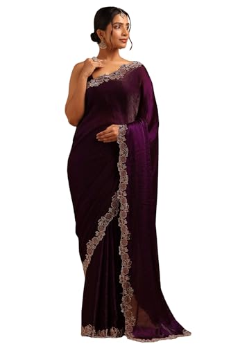 Soch Womens Purple Fendy Organza Saree With Stone Work