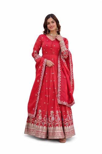 doxy craft Women's Red Anarkali Gown with Dupatta, Floral Embroidered, Full Sleeve, Festive Ethnic Wear